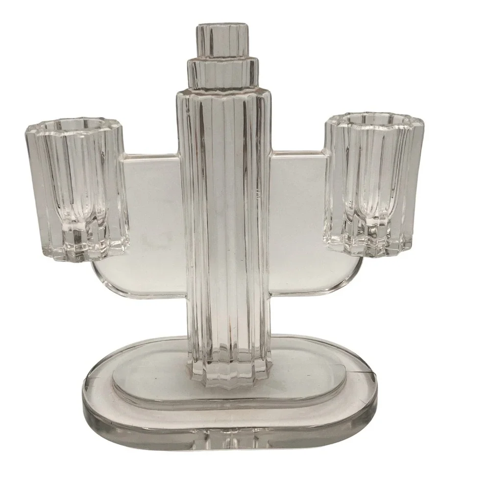 Vintage Heisey Ridgeleigh Art Deco 1930's Pressed Glass Dual Candle Stick Holder